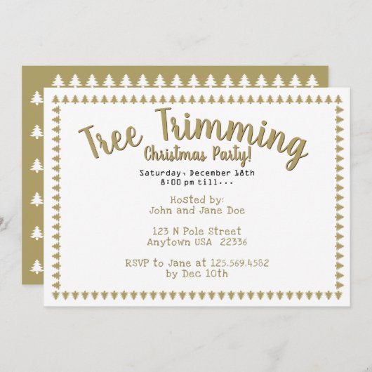 ツリートリミングクリスマスパーティー金ゴールド/ホワイトフォント 招待状 (正面/裏面)