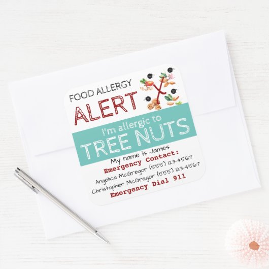 ツリーナット食品アレルギーステッカー光ティール(緑がかった色) スクエアシール (封筒)