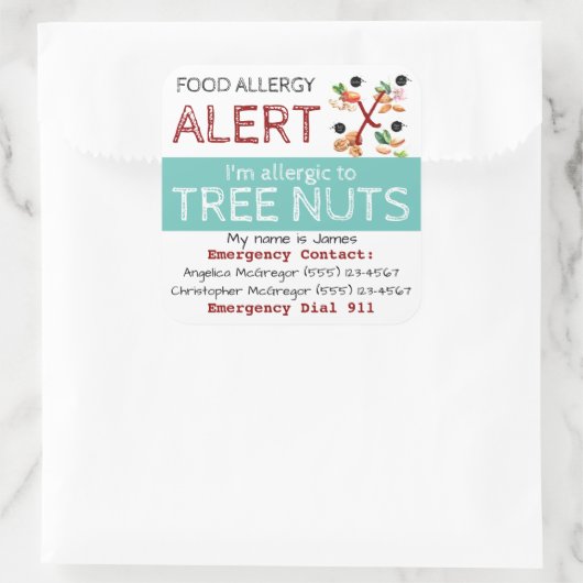ツリーナット食品アレルギーステッカー光ティール(緑がかった色) スクエアシール (バッグ)