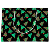 ツリーパターンクリスマスホリデーブラック ラージペーパーバッグ (正面)