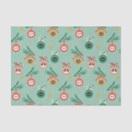 ツリーパターン上の猫オーナメント 薄葉紙 (正面)