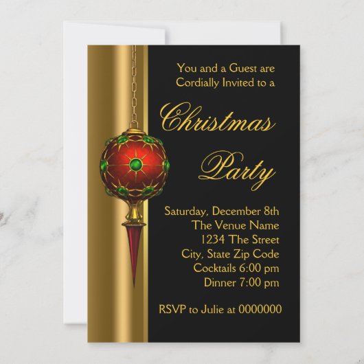 ツリーファンシーオーナメントレッド金ゴールドクリスマスパーティー 招待状 (裏面)