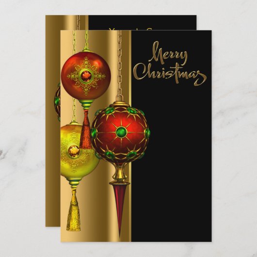 ツリーファンシーオーナメントレッド金ゴールドクリスマスパーティー 招待状 (正面/裏面)