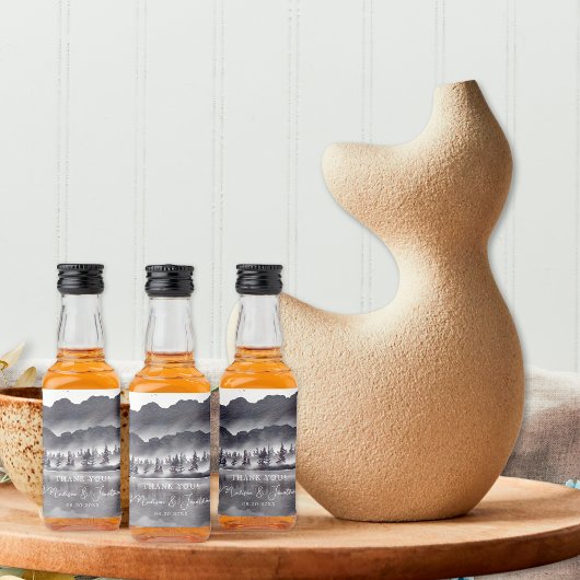 ツリーフォレストマウンテンブラック&ホワイトサンキューミニ リキュールボトルラベル