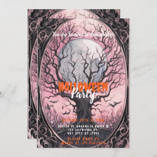 ツリーフル不気味ムーンピンクスカイハローウィンパーティ 招待状 (正面/裏面)