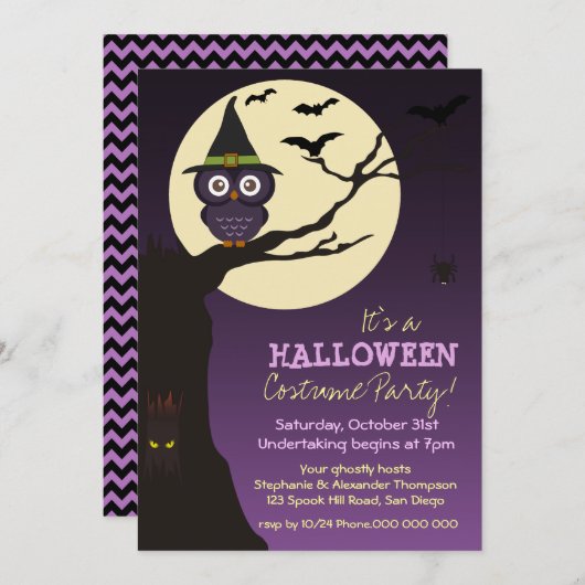 ツリーブランチのハロウィンの誕生会のフクロウ 招待状 (正面/裏面)