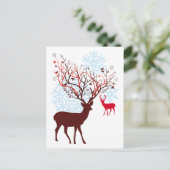 ツリーブランチの(雄ジカの)枝角を搭載するクリスマスのシカ シーズンポストカード (スタンド正面)