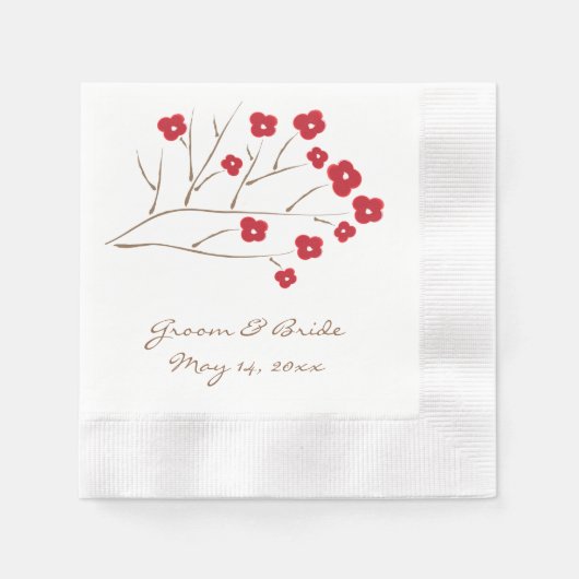 ツリーブランチ赤さくらんぼ結婚の花 縁ありカクテルナプキン (正面)