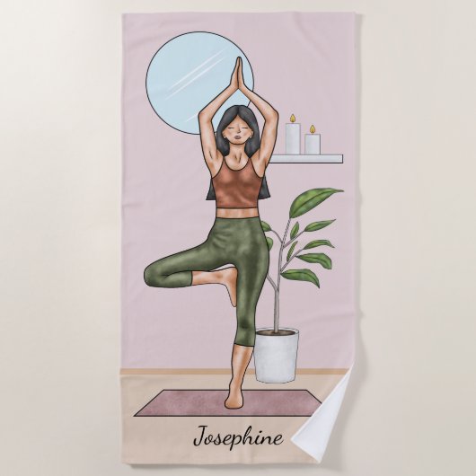ツリーポーズヨガヴィクシャサナウィメンズ名前をカスタムする ビーチタオル (正面)