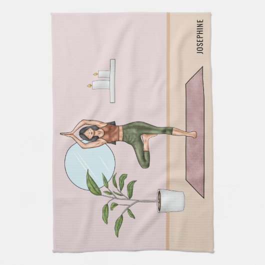 ツリーポーズヨガヴィクシャサナ女パーソナライズされた名 キッチンタオル (縦)