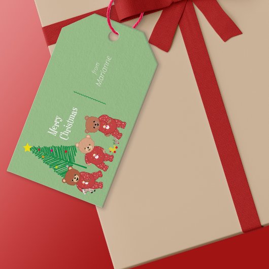 ツリーモダンでクリスマスのパジャマでテディベア ギフトタグ