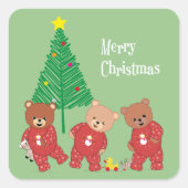 ツリーモダンでクリスマスのパジャマでテディベア スクエアシール (正面)