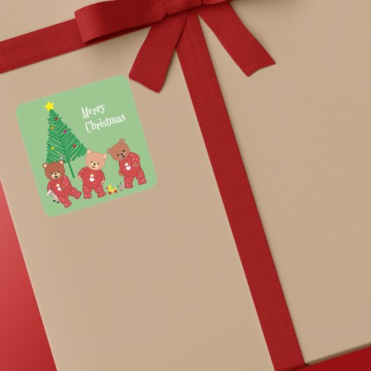 ツリーモダンでクリスマスのパジャマでテディベア スクエアシール