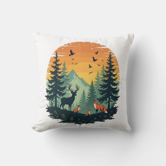 ツリーワイルドライフ自然ヴィンテージフォレストTシャツ クッション (正面)