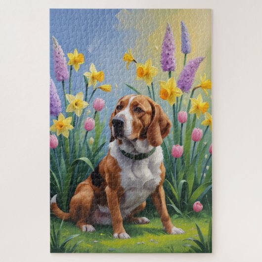 ツリーングウォーカークーンハウンド 春の花の絵画 ジグソーパズル (縦)