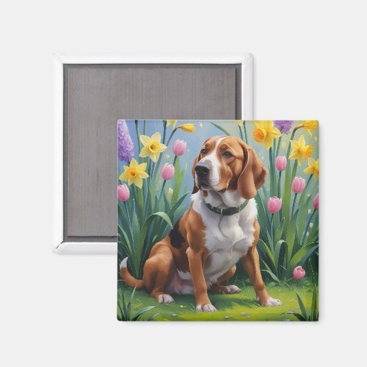 ツリーングウォーカー・クーンハウンド 春の花の絵 マグネット (正面/裏面)