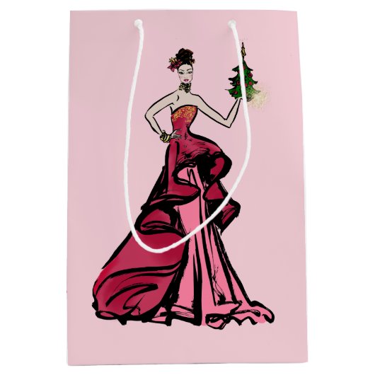 ツリー付きクリスマスファッションイラストレーション ミディアムペーパーバッグ (正面)