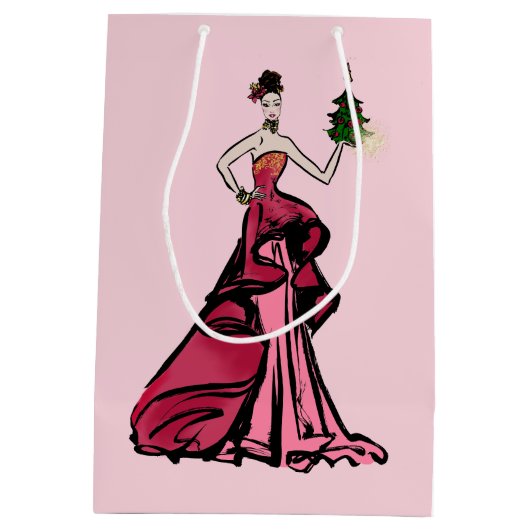 ツリー付きクリスマスファッションイラストレーション ミディアムペーパーバッグ (裏面)