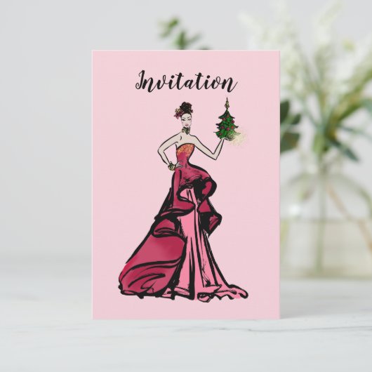 ツリー付きクリスマスファッションイラストレーション 招待状 (スタンド正面)