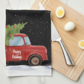 ツリー付きクリスマスレッドトラック キッチンタオル (四つ折り)