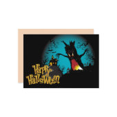ツリー付きホラー幽霊のよく出るハロウィーンの家 カード (正面/裏面インサイチュ)