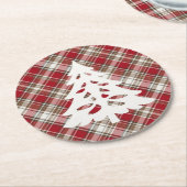 ツリー付き赤、モカ&クリームプレイド ラウンドペーパーコースター (アングル)