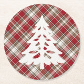 ツリー付き赤、モカ&クリームプレイド ラウンドペーパーコースター (正面)