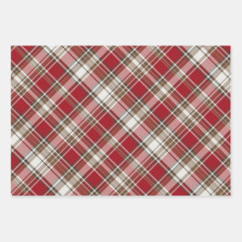 ツリー付き赤、モカ&クリームプレイド ラッピングペーパーシート