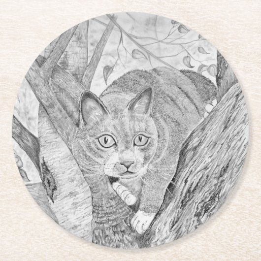 ツリー内の猫 ラウンドペーパーコースター (正面)