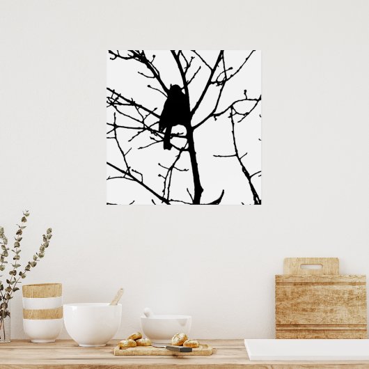 ツリー内の白黒の《鳥》アメリカゴガラのシルエット ポスター (キッチン)