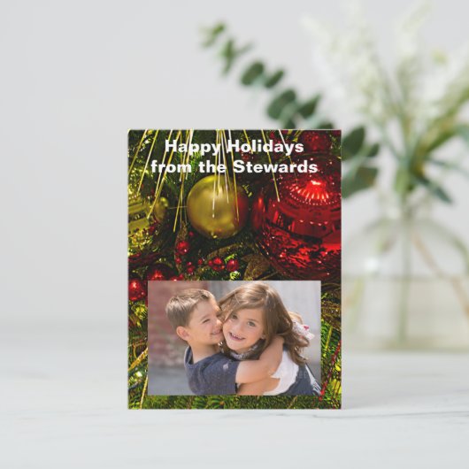 ツリー写真PCardの赤と金ゴールドのクリスマスオーナメント シーズンポストカード (スタンド正面)