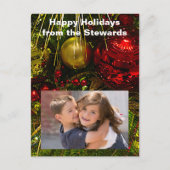 ツリー写真PCardの赤と金ゴールドのクリスマスオーナメント シーズンポストカード (正面)