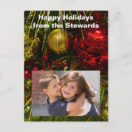 ツリー写真PCardの赤と金ゴールドのクリスマスオーナメント シーズンポストカード (正面)