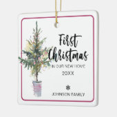 ツリー初めてのクリスマスの新しいホーム写真 セラミックオーナメント (左)