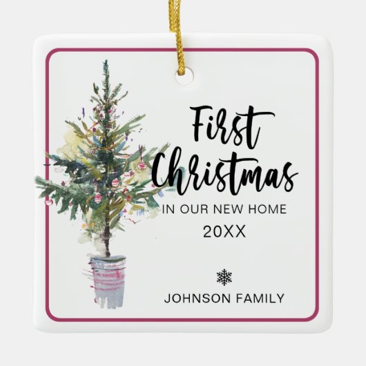 ツリー初めてのクリスマスの新しいホーム写真 セラミックオーナメント (正面)