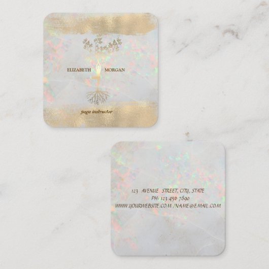 ツリー女性シルエットブラシストロークヨガオパール スクエア名刺 (正面/裏面)