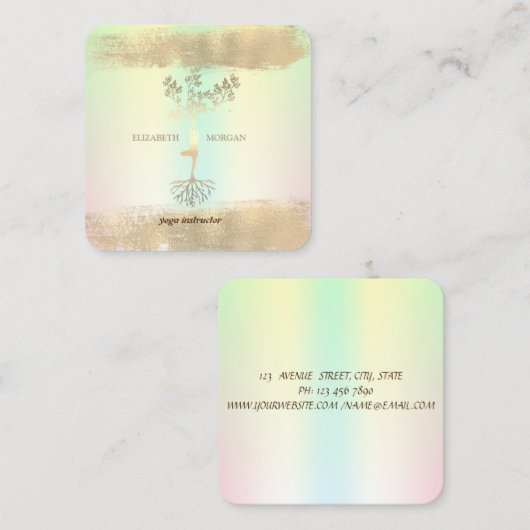 ツリー女性シルエット金ゴールドブラシストロークホログラフィック スクエア名刺 (正面/裏面)
