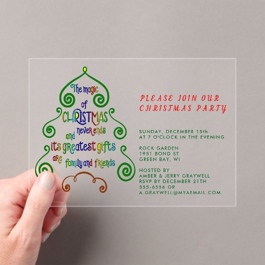 ツリー形状のクリスマスタイポグラフィの魔法 アクリル招待状 (インサイチュ (ポータブル))