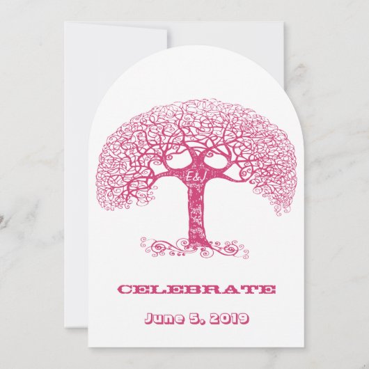 ツリー渦巻形のウェディング招待で彫られたピンクのイニシャル 招待状 (裏面)
