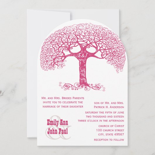 ツリー渦巻形のウェディング招待で彫られたピンクのイニシャル 招待状 (正面)