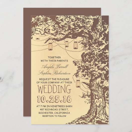 ツリー素朴とメイスンジャースの結婚式招待状 招待状 (正面/裏面)
