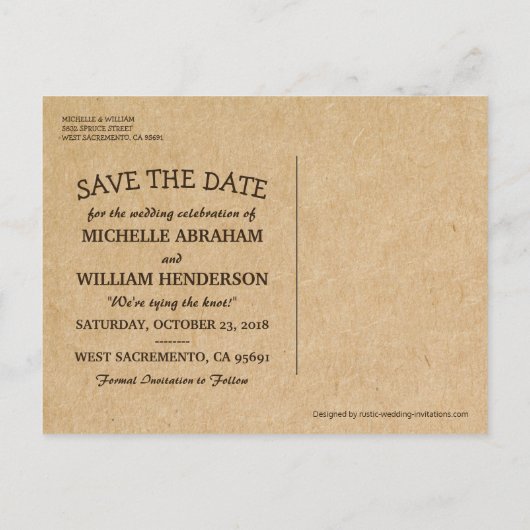 ツリー素朴ウェディング日付の保存 案内ポストカード (裏面)