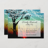 ツリー素朴ストリングライトサンセットウェディングRSVPカード 出欠カード (正面/裏面)