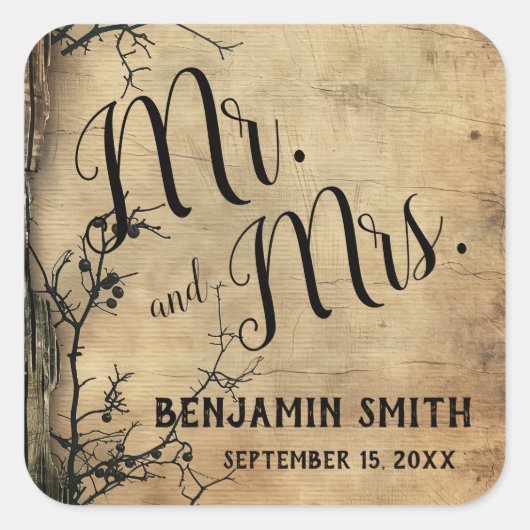 ツリー素朴ブランチヴィンテージブラウン結婚式の引き出物 スクエアシール (正面)