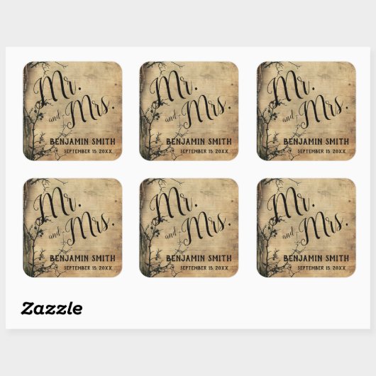 ツリー素朴ブランチヴィンテージブラウン結婚式の引き出物 スクエアシール (シート)