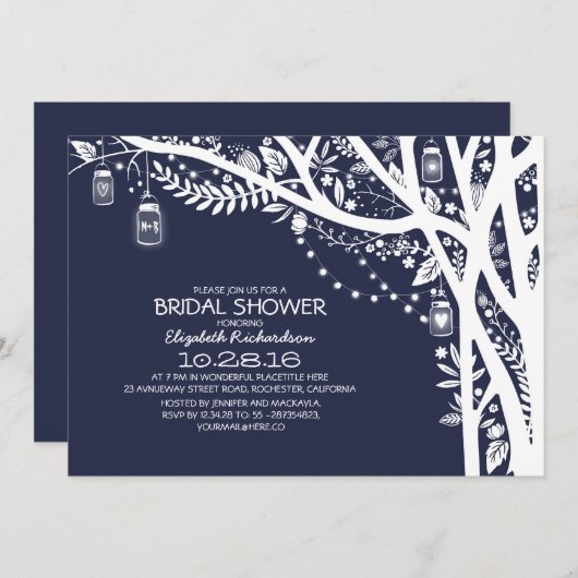 ツリー素朴メイソンジャールライツネイビーブライダルシャワー 招待状 (正面/裏面)