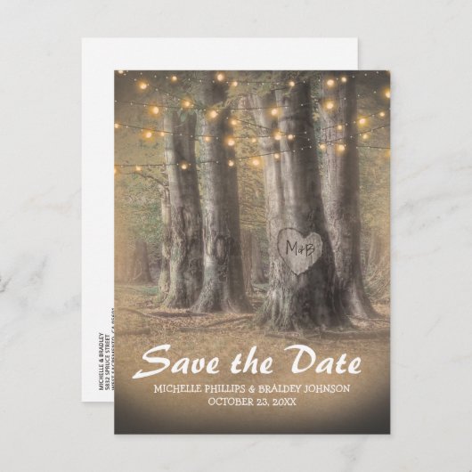 ツリー素朴&ストリングライトウェディング日付を保存 案内ポストカード (正面/裏面)