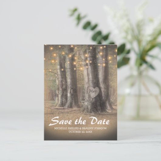 ツリー素朴&ストリングライトウェディング日付を保存 案内ポストカード (スタンド正面)