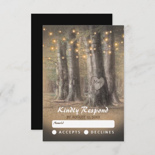 ツリー素朴&ストリングライトウェディングRSVP 出欠カード (正面/裏面)