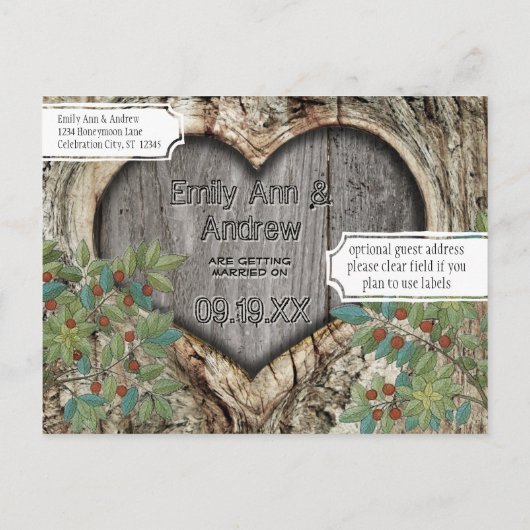 ツリー結婚のフォレ素朴ストのハート日付の保存 案内ポストカード (裏面)